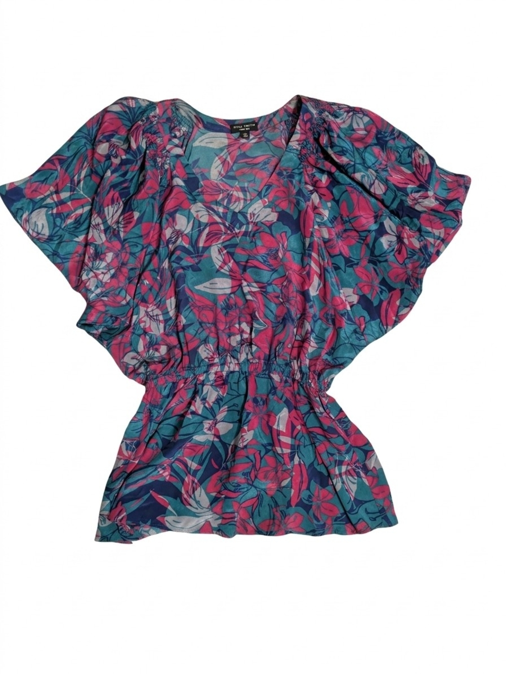 Willi Smith 100% Silk Blouse XL Floral Smocked Peplum V-Neck Flutter Sleeve Top